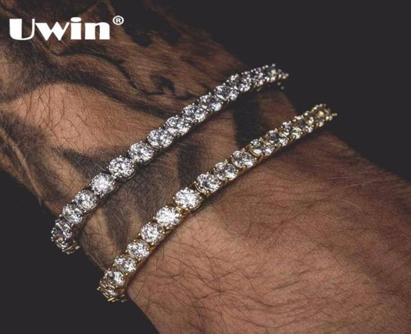 

uwin round cut tennis bracelet 5mm zirconia triple lock hiphop jewelry 1 row cubic luxury crystal cz men fashion charm bracelets725149444, Golden;silver