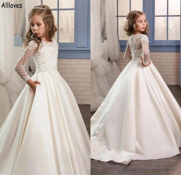 

ivory satin a line flower girl dresses for wedding appliqued lace long sleeves jewel neck kids todder formal party birthday gowns 8484398, White;blue