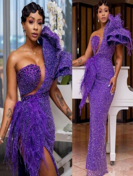 

african purple mermaid evening dresses thigh high slits one shoulder sequined plus size prom gowns pearls feather special occasion1243537, Black;red