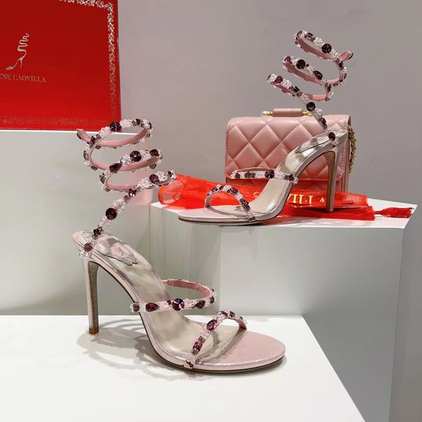 

rene caovilla sandals fashion rhinestone decoration women 9.5cm high heels snake wrapped ankle strap simple casual party dress shoes luxury, Black