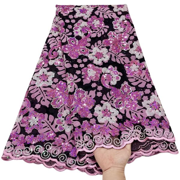 

tull 5 yards flocking cloth with sequins double net lace fabric nigerian ladies evening party gown sewing cloth african women formal dress p, Black;white