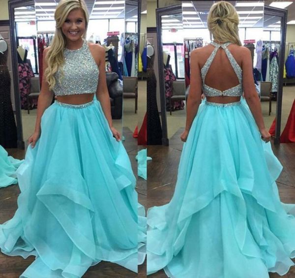 

ice blue ruffles long two piece prom dresses beaded graduation party dresses open back evening formal gowns for teen girls7261804, Black