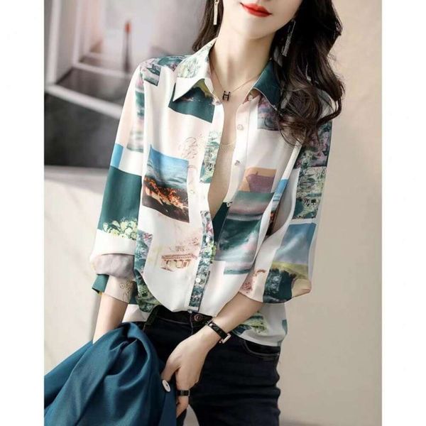

spring fashionable elegant retro fresh blouses age reducing temperament printed shirt women loose slimming trend, White