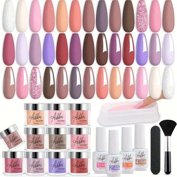 

27pcs essential dip powder nail kit - 20 colors, nude, pink, coral, dipping powder system, liquid base & coat, activator, french nail art ma