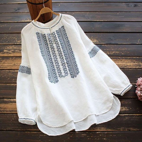 

spring and summer shirt large size cotton linen long sleeved loose for women, White