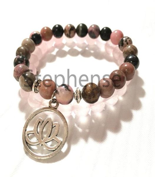 

mg0709 black vein rhodonite lotus flower bracelet set 8 mm natural rose quartz energy bracelet new design womens yoga mala bracel1411541