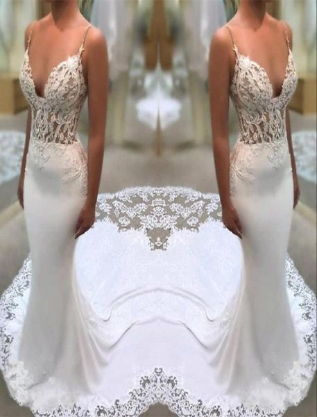 

white lace appliques wedding dresses sheath spaghetti straps mermaid illusion side bridal gowns with court train2976574