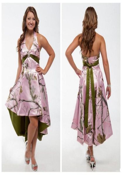 

2018 halter pink camo high low camouflage bridesmaids dresses custom real tree short plus size formal honor of maid guest formal w6231226, White;pink