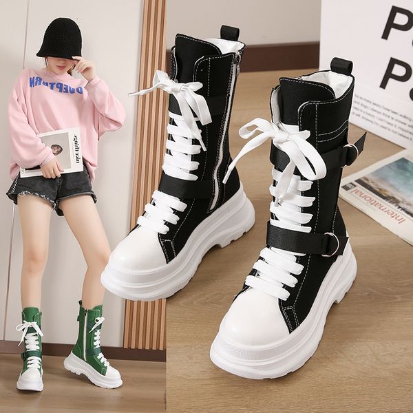 

boots 2023 autumnwinter canvas short solid color buckle single thick sole round head lace up fashion 230810, Black