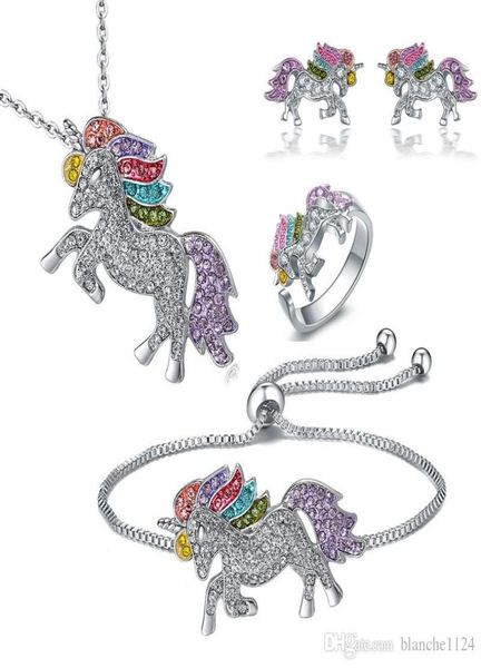 

4pcslot unicorn necklace bracelet earring stud ring jewelry sets 925 silver diamond colorful pony pendants accessories whole9285172, Black