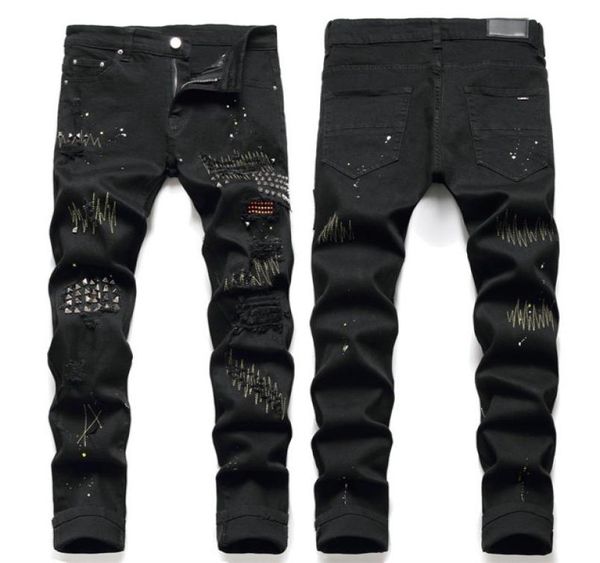 

man rivet studs stitching detail damage black jeans distressed worn denim pants4964894, Blue