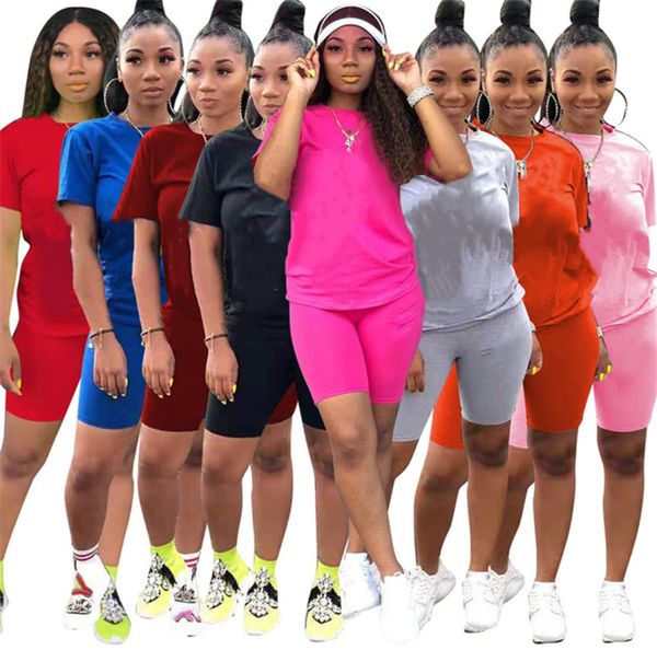 

plus size women tracksuits solid color two piece sets sports outfits summer clothing short sleeve t shirtslim shorts casual jogge4059109, Gray