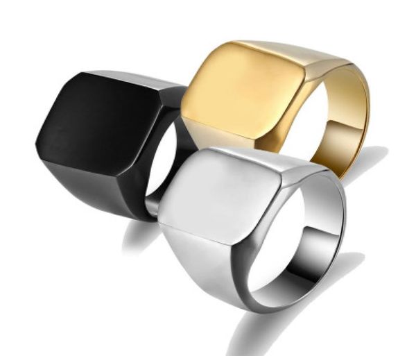 

fashion rings square big width signet rings 24k titanium steel man finger silver black gold men ring jewelry anel new2151131