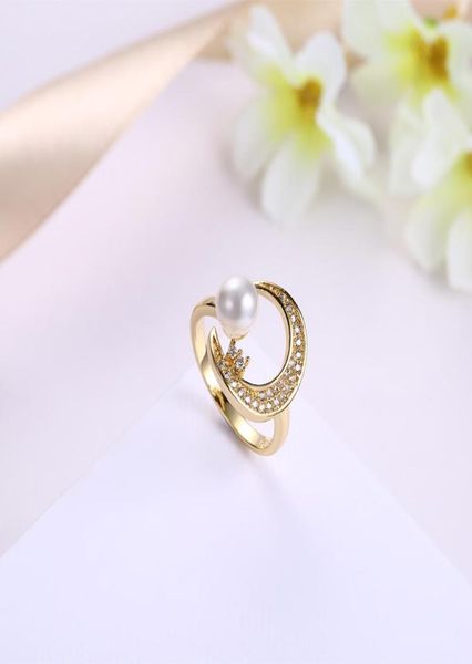

luxury 18k solid yellow gold moon shape ring lady crystal pearl ring bride wedding ring jewelry rings for women 9926113, Golden;silver