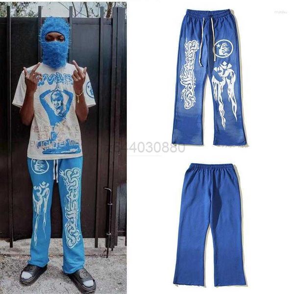 

men's pants hellstar blue retro mud print distressed sports casual high street and women's bell-bottoms yamh, Black