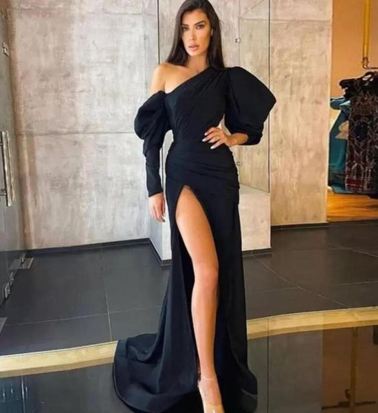 

black evening dresses mermaid puffy long sleeves split satin formal party prom gowns pleats 2022 designer celebrity dress6528880, Black;red
