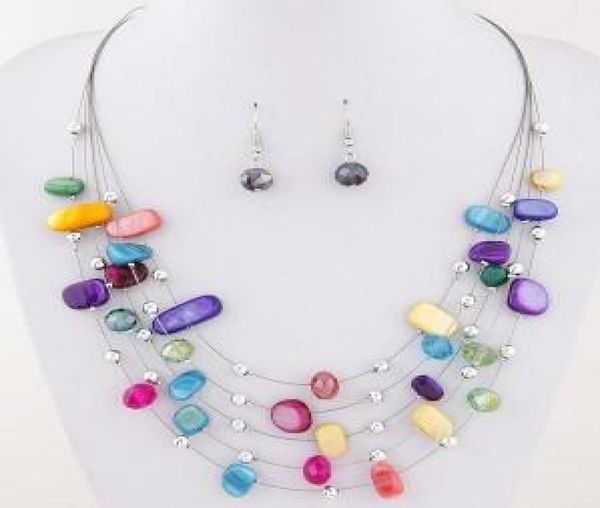 

beautiful womens jewelry sets multi layer crystal shell 6 color option statement pendant bib necklace earring set9858014, Golden;silver