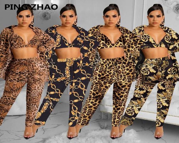 

women039s two piece pants leopard chain print 3 sets bra long sleeve shirt coat and fashion autumn clothing suits1442381, White