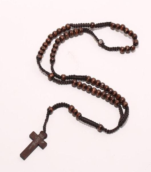 

whole men women catholic christ wooden 8mm rosary bead cross pendant woven rope necklace blackbrownbeigeligt brown5585926, Silver