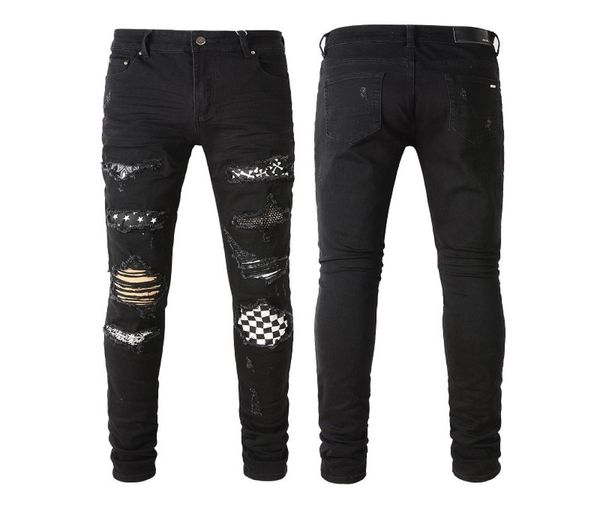 

crystal embellished plaid denim jeans men vintage multiple rips slim5817607, Blue