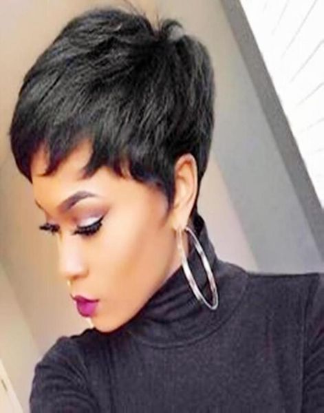 

pixie cut none lace front wig peruvian hair short bob wigs for black women with bangs human hair full machine made2389960, Black;brown