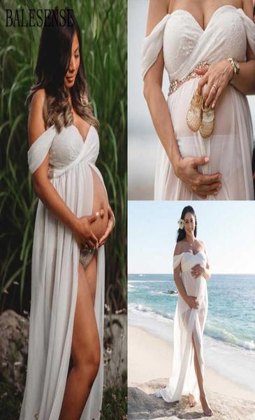 

lace maternity dress for pography off shoulder front split pregnancy dress pregnant women maxi maternity gown poshoot q9919821, White