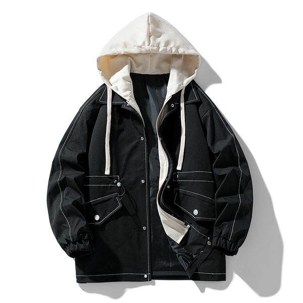 

mens jackets autumn fashion fake two design hooded zipper loose jacket coat 230810, Black;brown