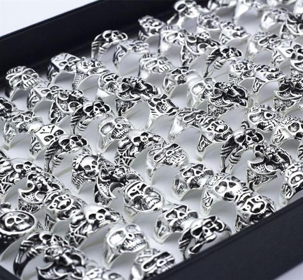 

50pcs skull skeleton gothic alloy rings punk style rings for mens womens whole jewelry lots281s9493945, Golden;silver