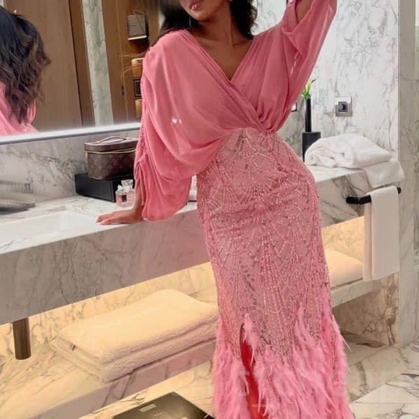 

2023 aso ebi pink sheath prom dress beaded feather evening formal party second reception birthday engagement gowns dresses robe de soiree zj, Black