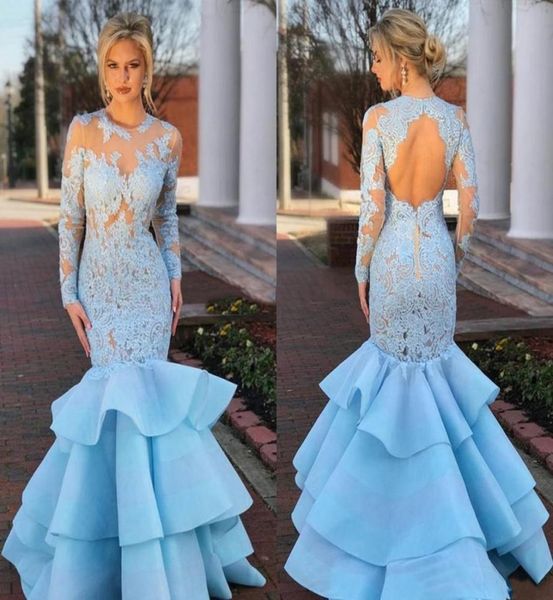 

light sky blue tiered mermiad formal dresses evening 2019 long sleeves lace applique backless prom gowns party3174317, Black;red