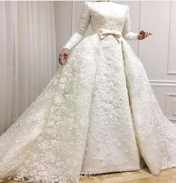 

modest muslim wedding dresses long sleeves lace appliqued beaded bridal gowns with overskirts wedding gowns ba93621625006, White