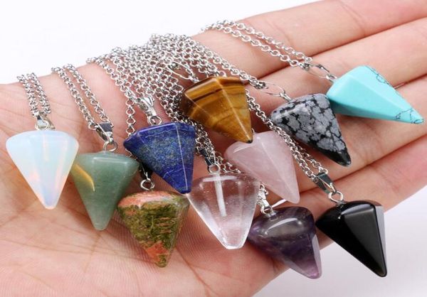 

natural gemstone pendant necklace crystal healing chakra reiki silver stone hexagonal prisme cone pendulum charm necklaces wholesa1882389