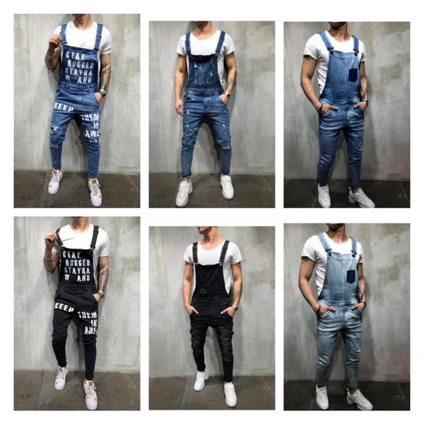 

men's ripped jeans jumpsuits streetwear distressed denim overalls for man suspender pants size s-xxxl salopette uomo201t, Blue