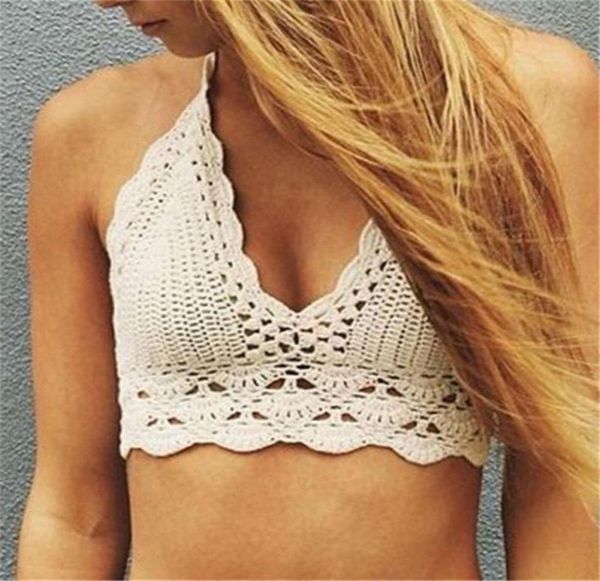 

bralette halter neck crop knit crochet cami summer bikini beach crop 1381952, White
