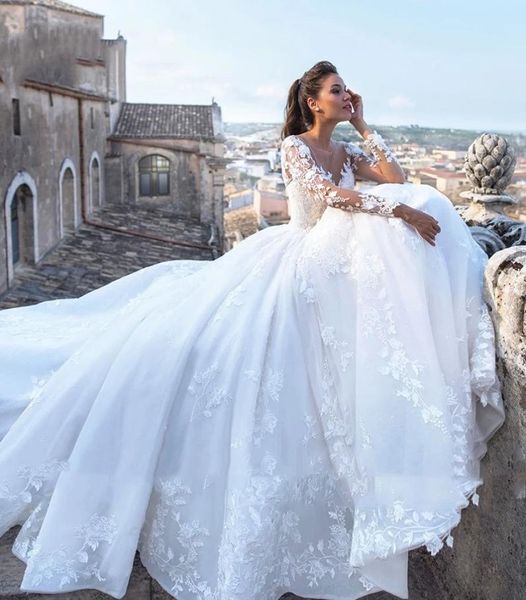 

vintage lace wedding dresses illusion long sleeves gorgeous formal bridal gowns a line long court train arabic dubai wedding gowns8065600, White