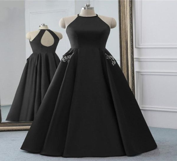 

simple black prom dresses evening gowns halter with pockets keyhole back satin crystal ruched pageant formal party dress2806010