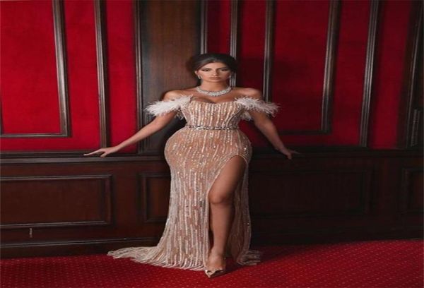 

luxury evening dresses side split bling beads sequins feather sheath prom dress sweep train custom made formal party gown5709909, Black;red