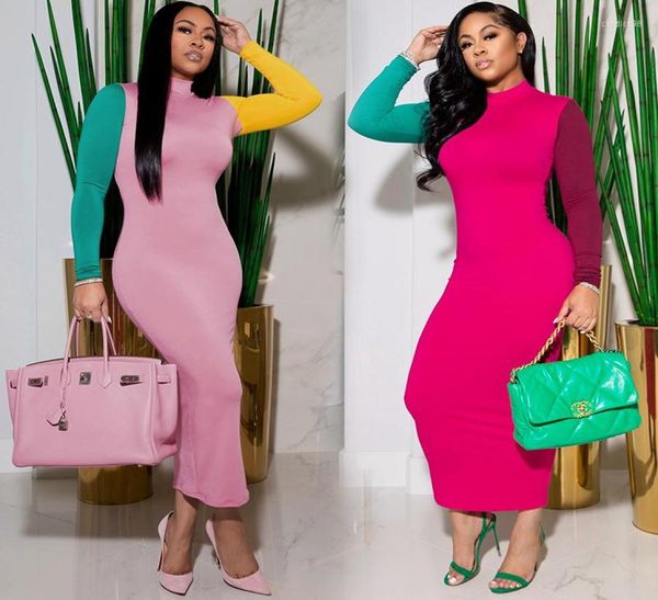 

casual dresses women bodycon dress slim patchwork contrast color long sleeves half high collar elegant skinny female1861657, Black;gray