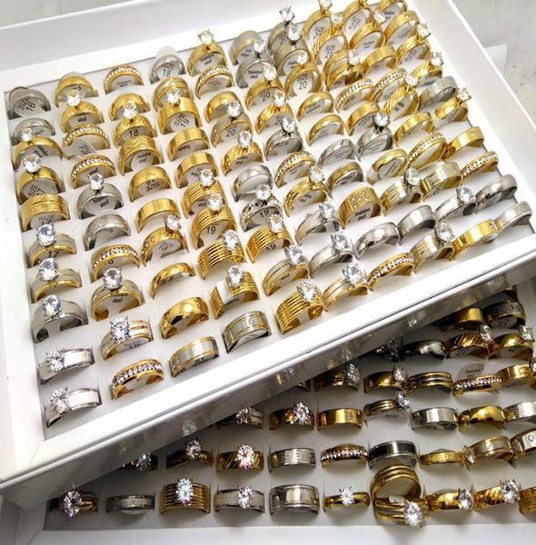 

50pcs mix men women zircon rhinestone stainelss steel cz wedding rings crystal engagement charm rings lovers ring party jewelr4256502, Slivery;golden