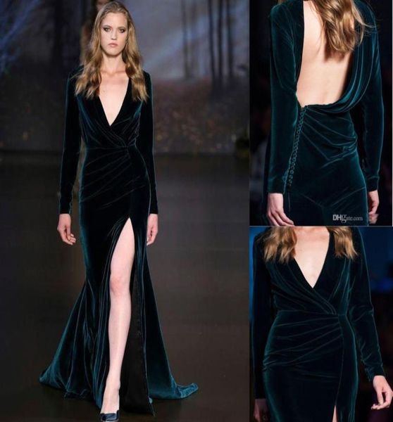 

velvet long sleeve split evening dresses deep v neck backless mermaid prom gowns custom made party dress4362441, Black;red