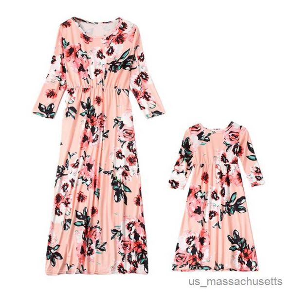 

family matching outfits spring autumn mommy daughter floral print dresses long sleeve neck dress family matching outfits parent child clothi, Blue