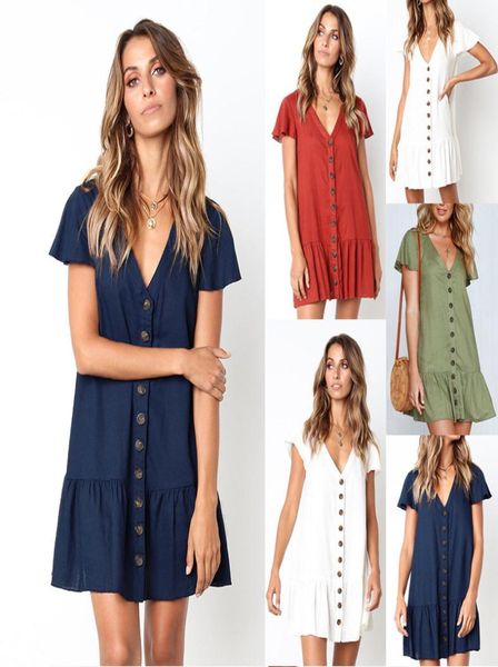 

casual drs women vintage ruffle button a-line mini dress v neck solid loose short fashion summer elegant party9548789, Black;gray