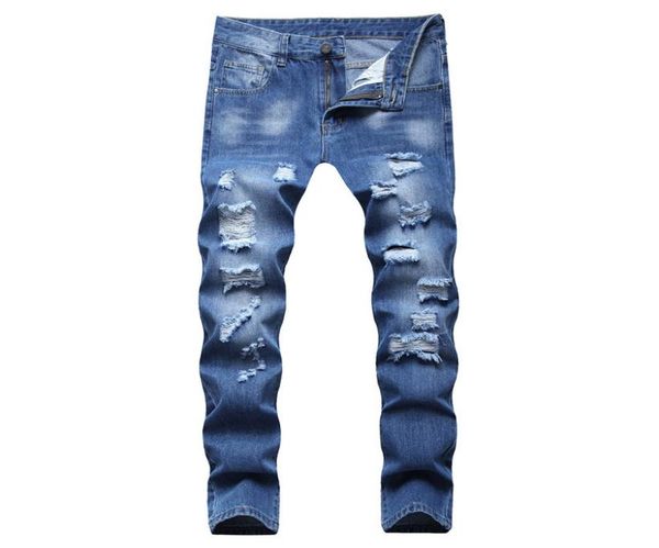 

dark blue men039s ripped skinny biker jeans destroyed hole slim fit denim pants hip hop trousers casual pantalones size 28424757903