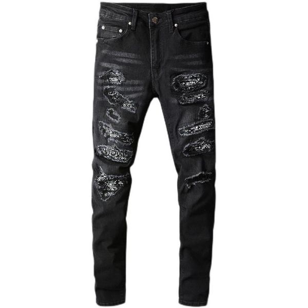 

men's bandana paisley printed patchwork stretch jeans streetwear black denim pencil pants slim skinny ripped trousers 669320f, Blue