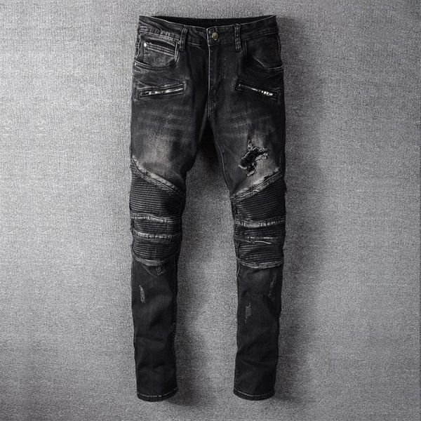 

men's jeans fashion streetwear men black slim fit spliced designer ripped hip hop trousers punk style biker pant306h, Blue