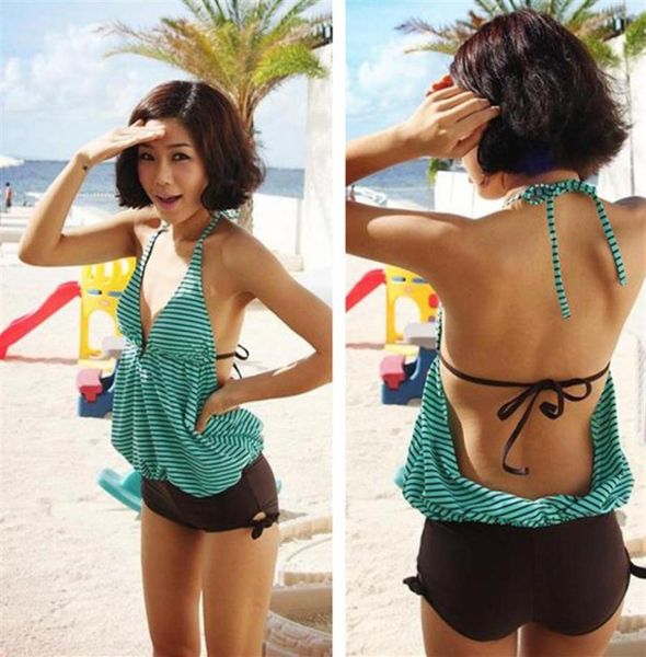 

2014 fashion plus size women swimwear green strings stripes onepiece halter padded backless swimsuit back tied bathing suit  l x2731432, White;black