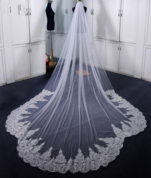 

luxury long lace appliqued bridal veil high end one layer soft tulle retro veil with comb 4 meters bride veils hair accessoreis fo2153293, Black