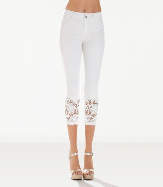 

women denim crochet floral lace jeans skinny legs stretch jeans cropped pants6425354, Blue