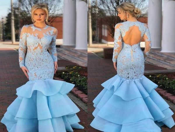 

light sky blue tiered mermiad formal dresses evening 2019 long sleeves lace applique backless prom gowns party7680957, Black;red