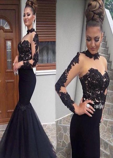 

high neck dresses tulle mermaid prom party dress glamorous appliques long sleeve zipper evening wear7330591, Black